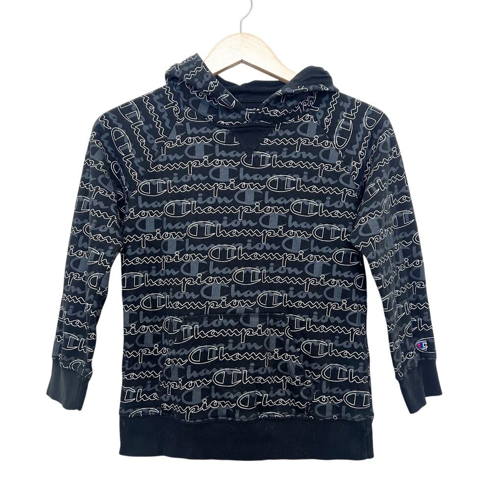 Champion Black All Over Spell Out Hoodie Sz L Kids